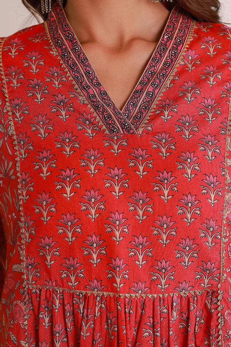 Red Floral Print Midi Pure Cotton Ethnic Dress with Gotta Work Detail