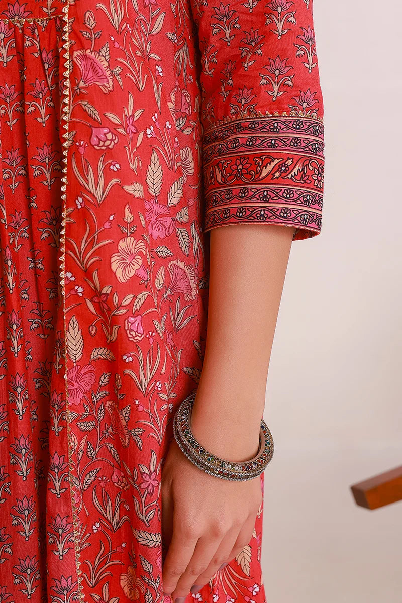 Red Floral Print Midi Pure Cotton Ethnic Dress with Gotta Work Detail