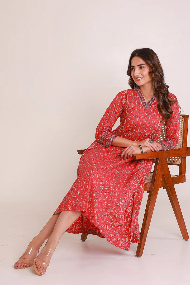 Red Floral Print Midi Pure Cotton Ethnic Dress with Gotta Work Detail