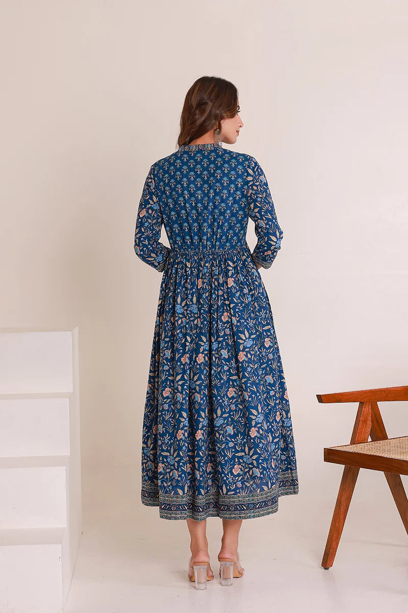 Navy Floral Printed Anarkali Kurta