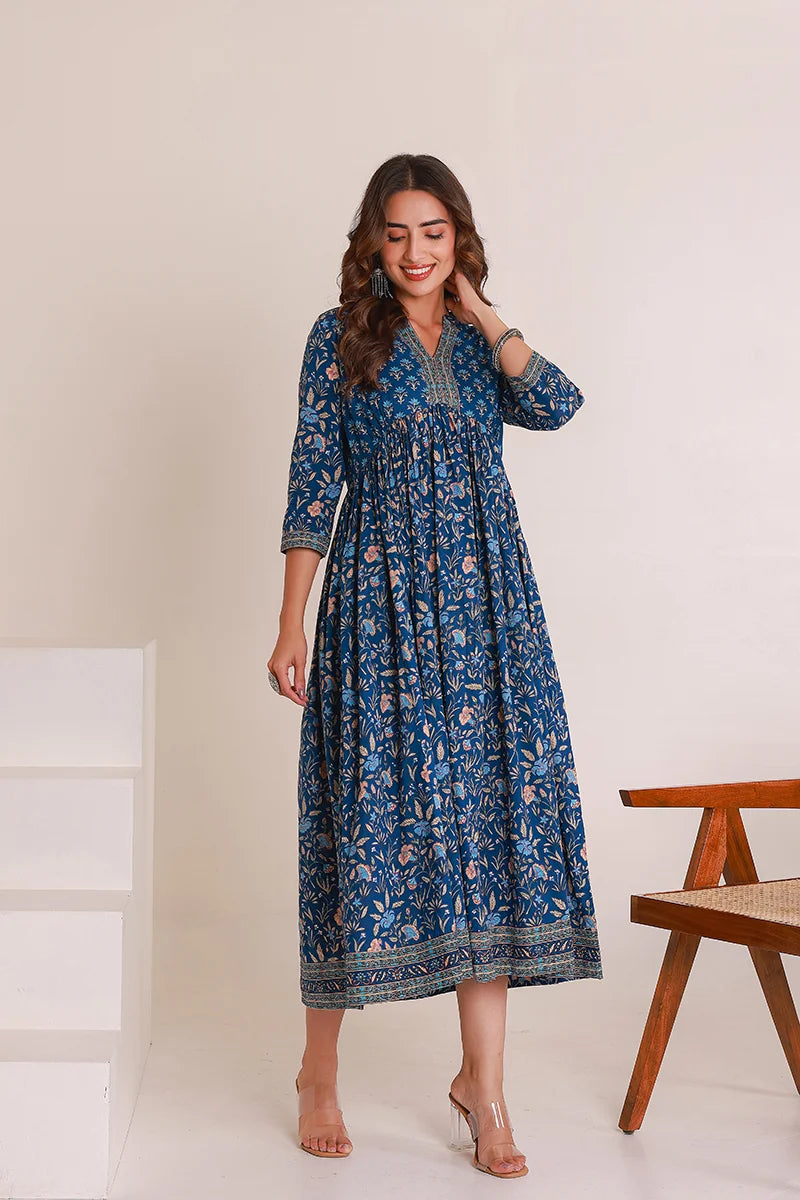 Navy Floral Printed Anarkali Kurta