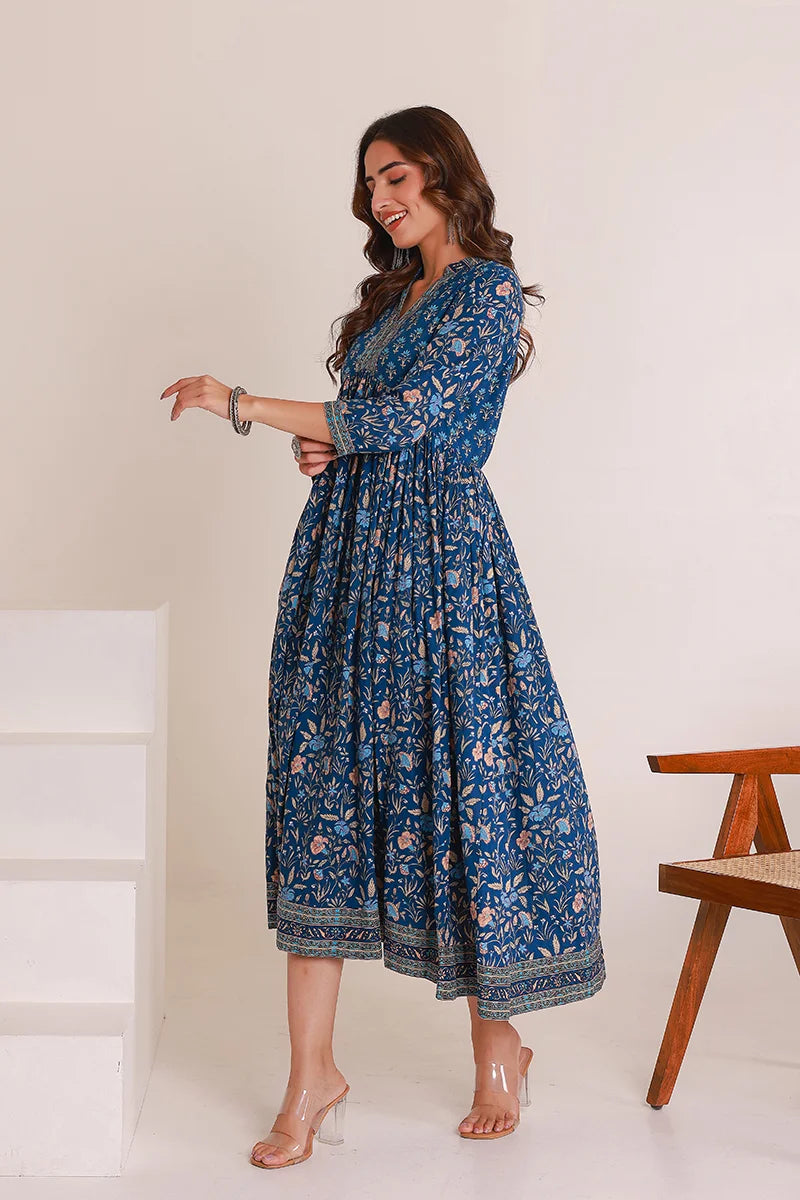 Navy Floral Printed Anarkali Kurta