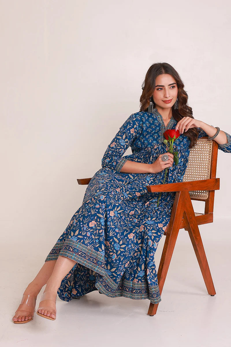 Navy Floral Printed Anarkali Kurta