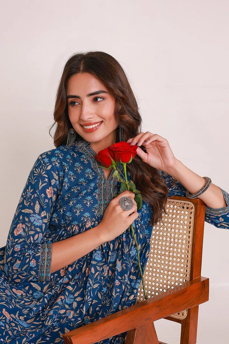 Navy Floral Printed Anarkali Kurta