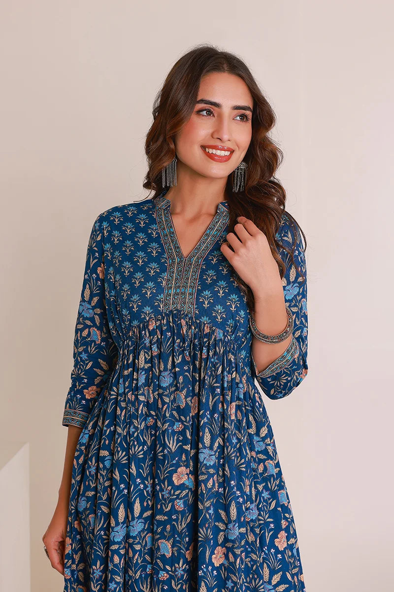 Navy Floral Printed Anarkali Kurta