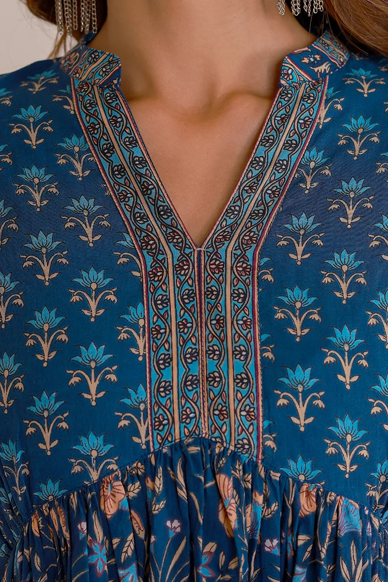 Navy Floral Printed Anarkali Kurta