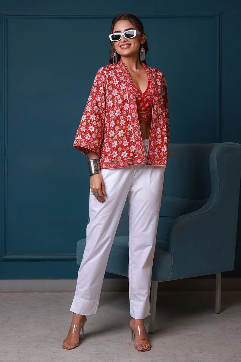 Red Hand Block Printed Kimono and Halter Set