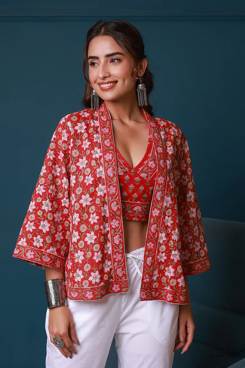 Red Hand Block Printed Kimono and Halter Set