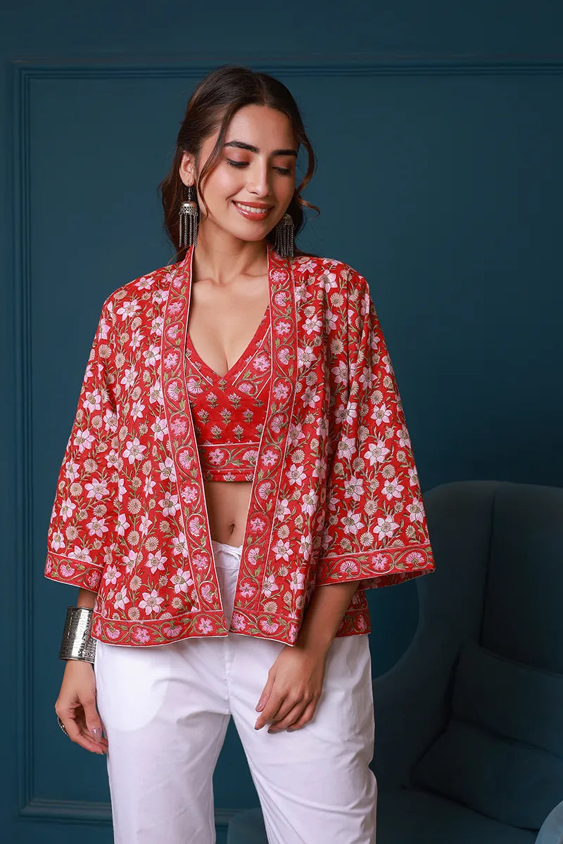 Red Hand Block Printed Kimono and Halter Set