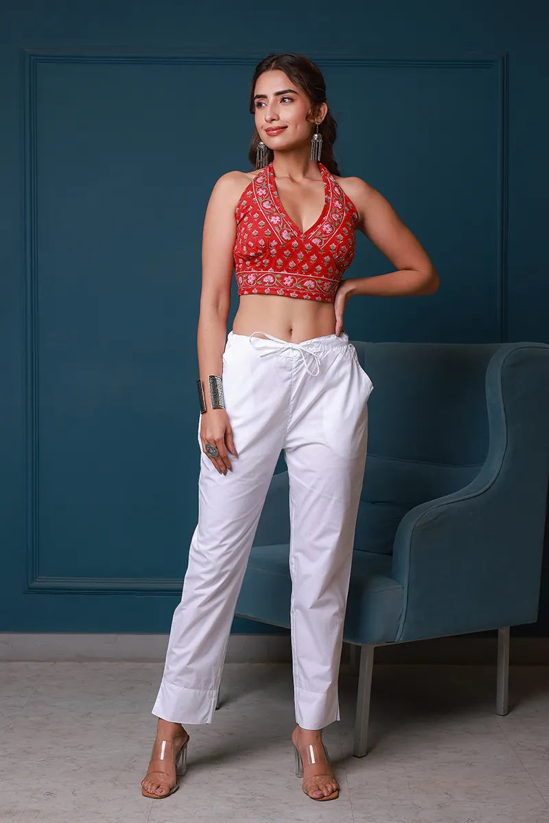 Red Hand Block Printed Kimono and Halter Set
