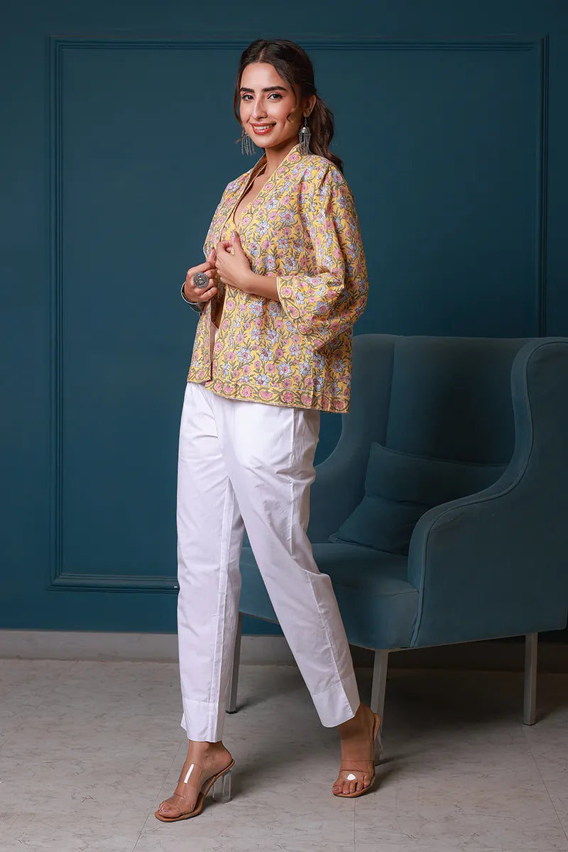 Yellow Hand Block Printed Kimono and Halter Set