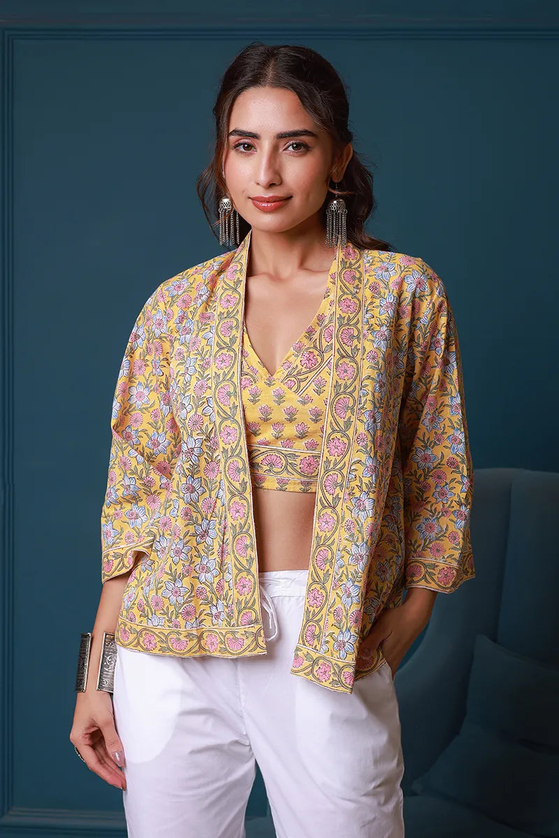 Yellow Hand Block Printed Kimono and Halter Set