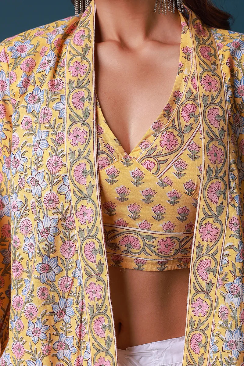 Yellow Hand Block Printed Kimono and Halter Set