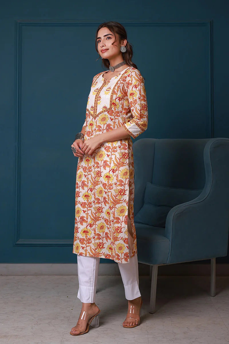 Yellow Hand Block Printed Straight cotton Kurta