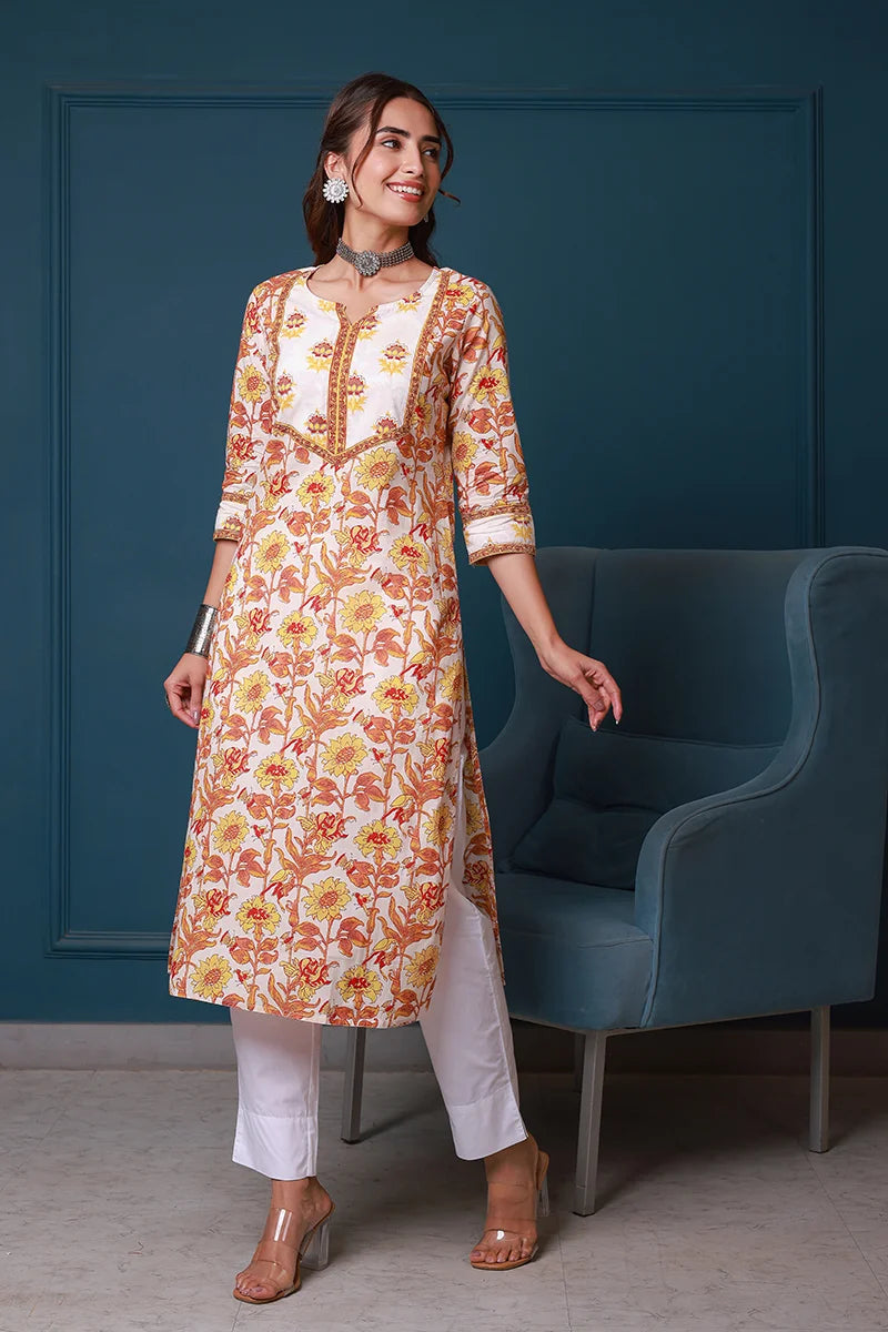 Yellow Hand Block Printed Straight cotton Kurta