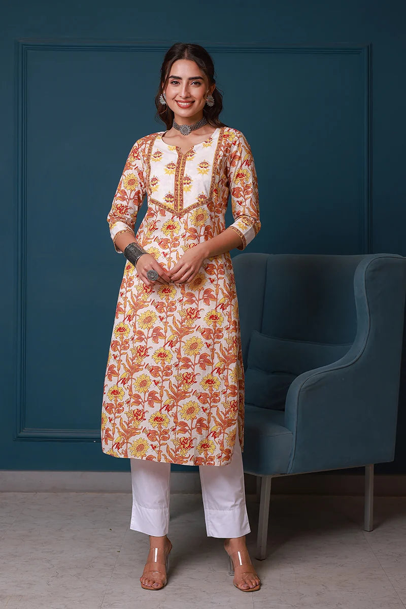 Yellow Hand Block Printed Straight cotton Kurta