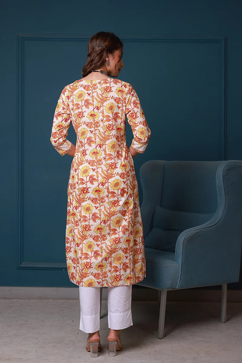Yellow Hand Block Printed Straight cotton Kurta