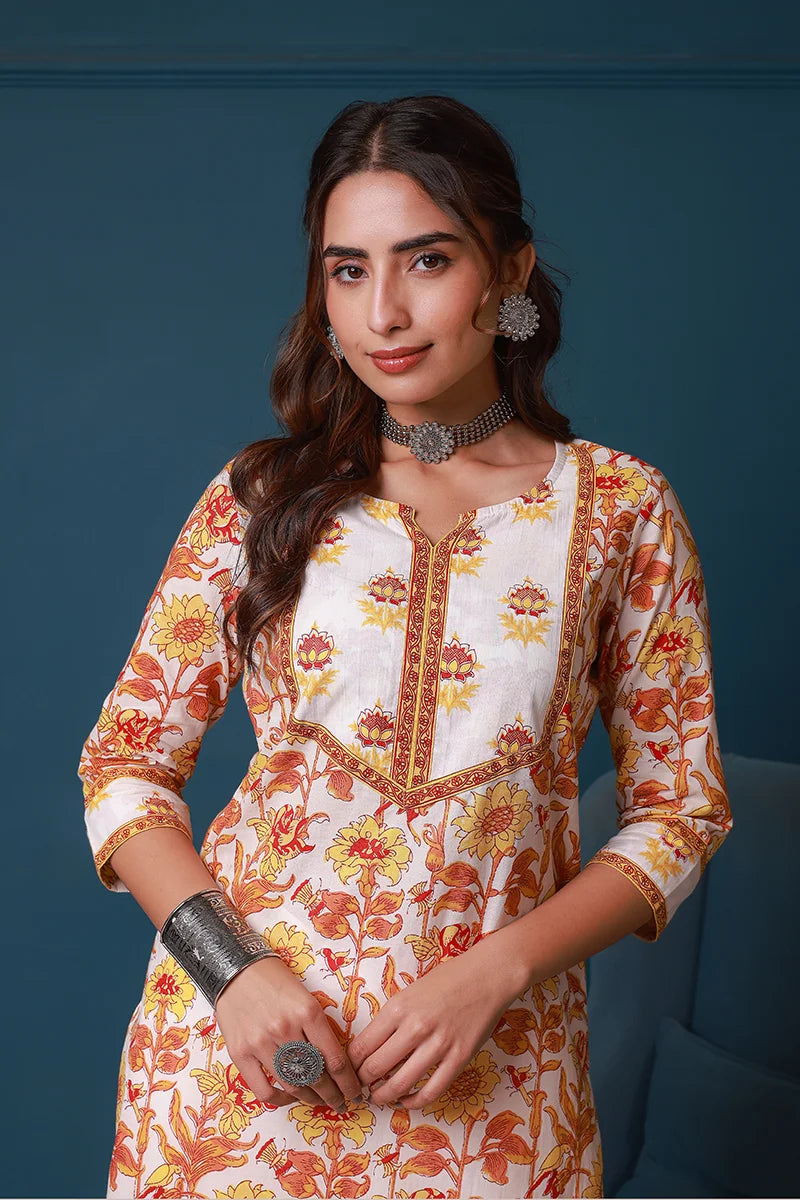 Yellow Hand Block Printed Straight cotton Kurta