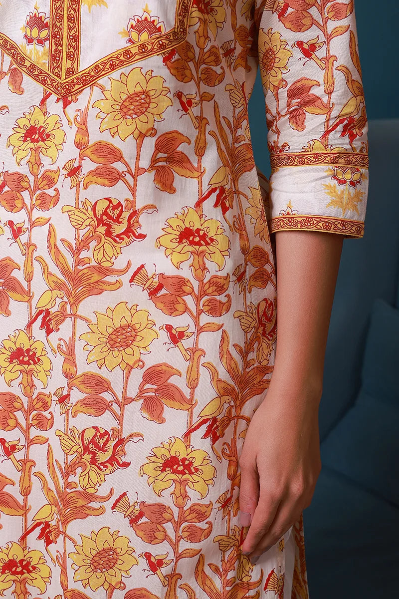 Yellow Hand Block Printed Straight cotton Kurta