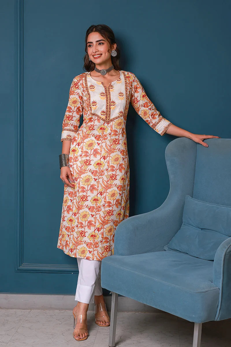 Yellow Hand Block Printed Straight cotton Kurta