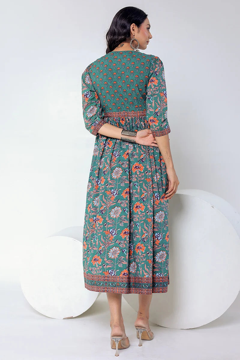 Dark Green Hand Block Printed Long Dress