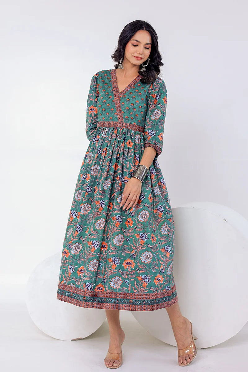 Dark Green Hand Block Printed Long Dress