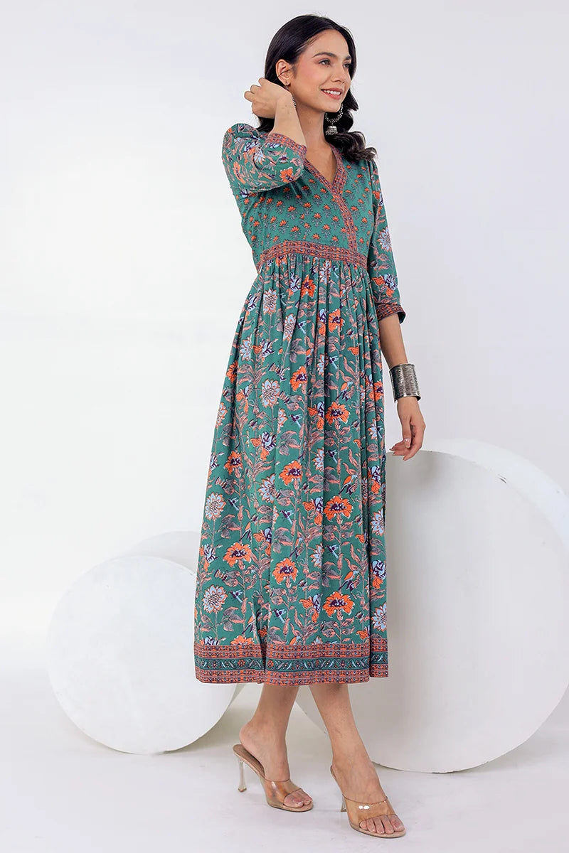 Dark Green Hand Block Printed Long Dress