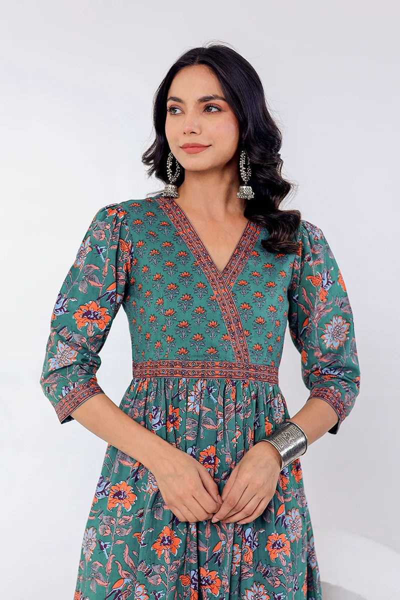 Dark Green Hand Block Printed Long Dress