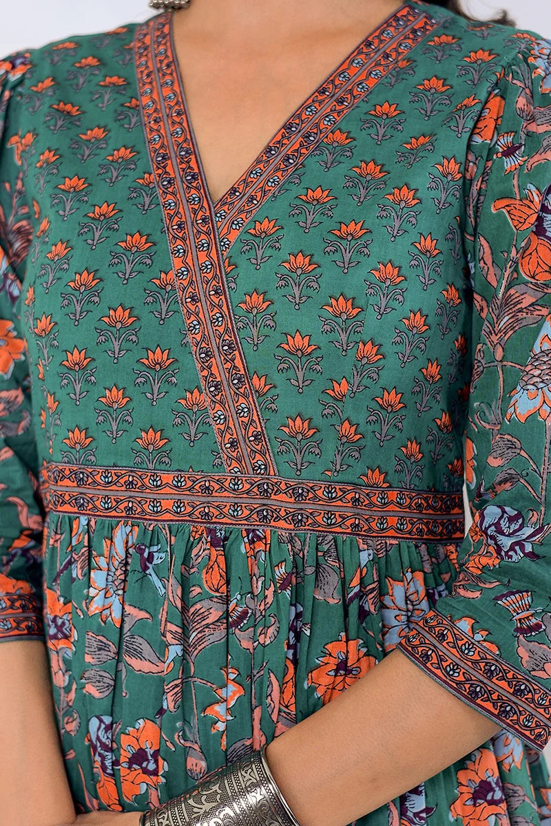 Dark Green Hand Block Printed Long Dress