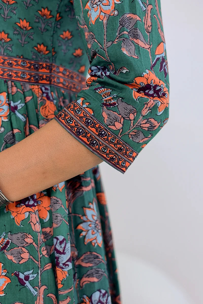 Dark Green Hand Block Printed Long Dress