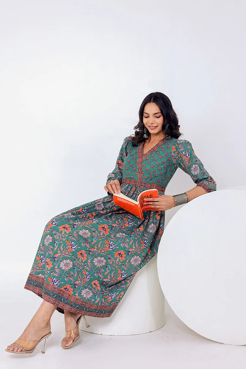 Dark Green Hand Block Printed Long Dress