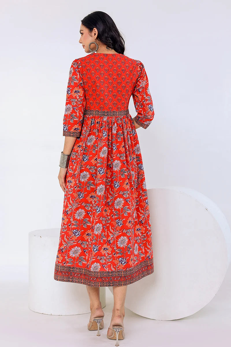 Dark Red Hand Block Printed Long Dress