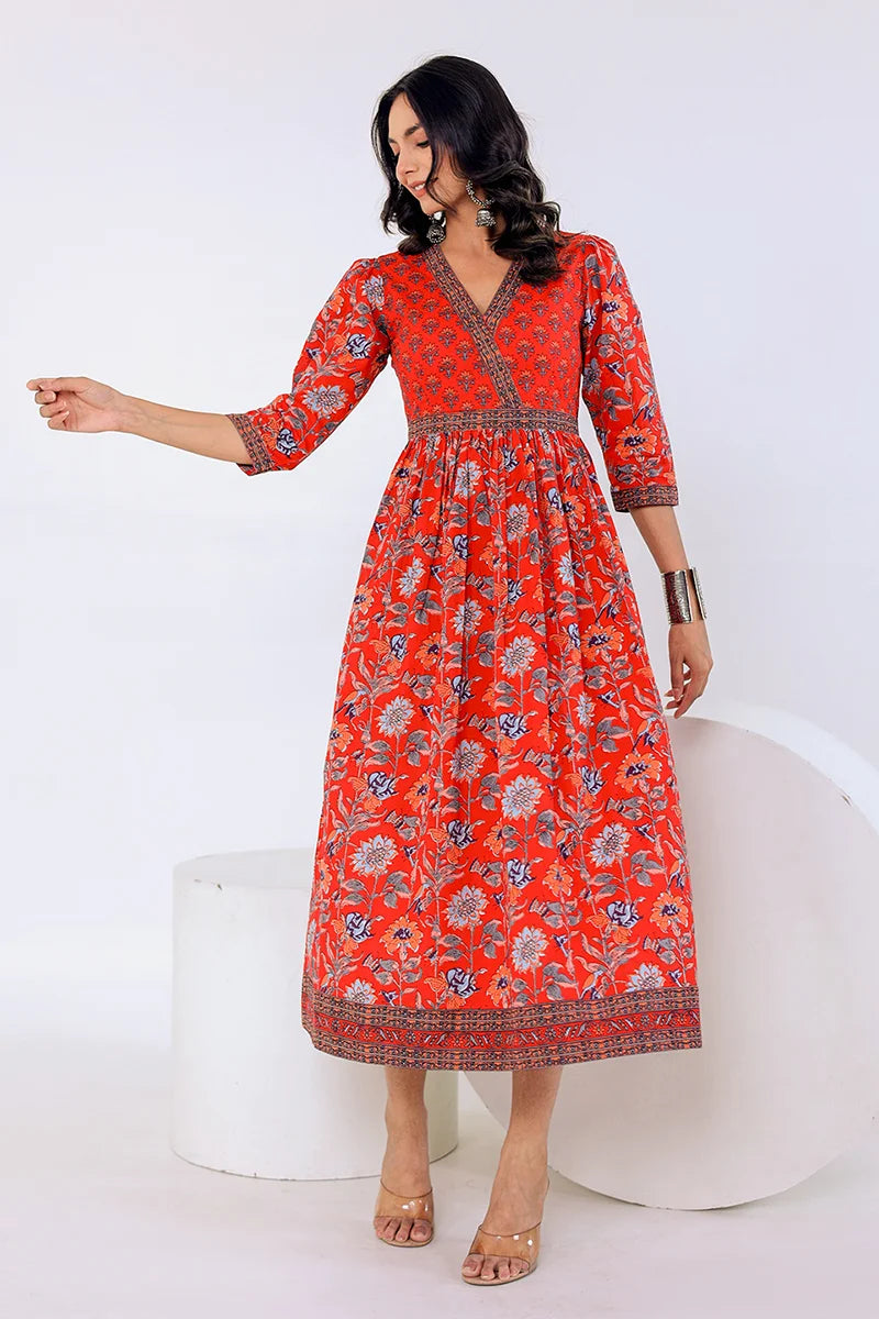 Dark Red Hand Block Printed Long Dress