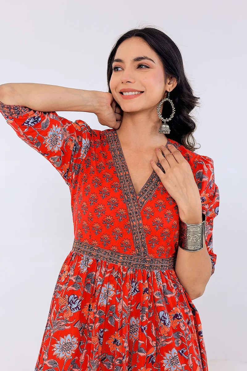 Dark Red Hand Block Printed Long Dress