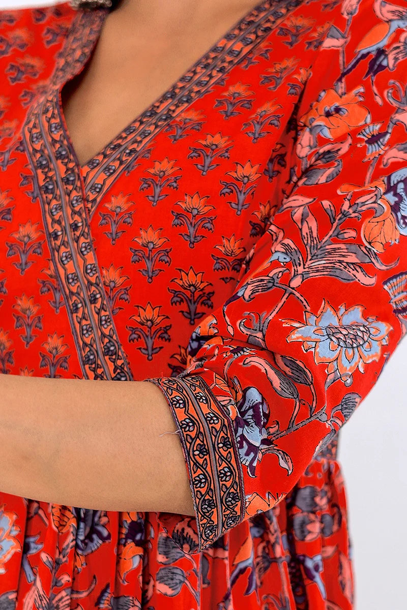 Dark Red Hand Block Printed Long Dress