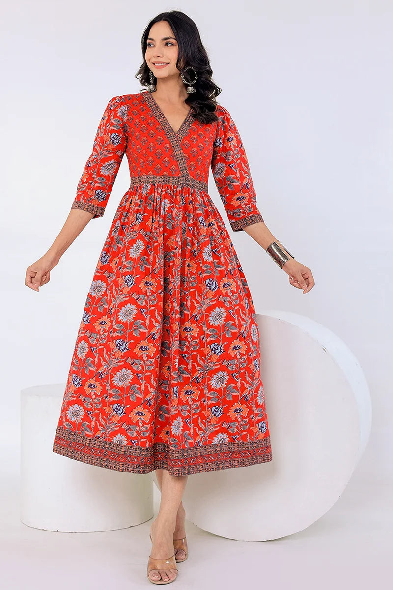 Dark Red Hand Block Printed Long Dress