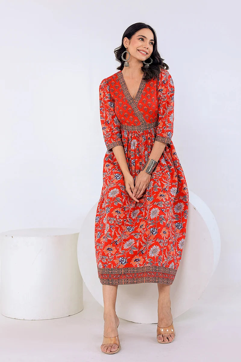 Dark Red Hand Block Printed Long Dress