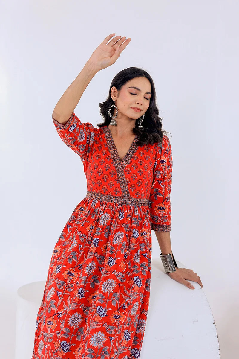 Dark Red Hand Block Printed Long Dress