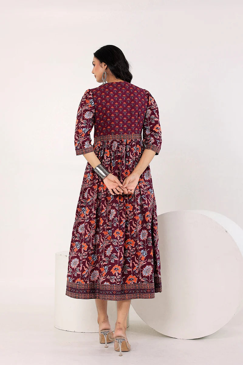 Dark Purple Hand Block Printed Long Dress
