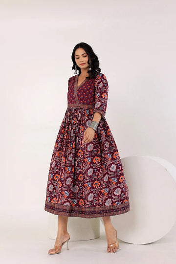 Dark Purple Hand Block Printed Long Dress