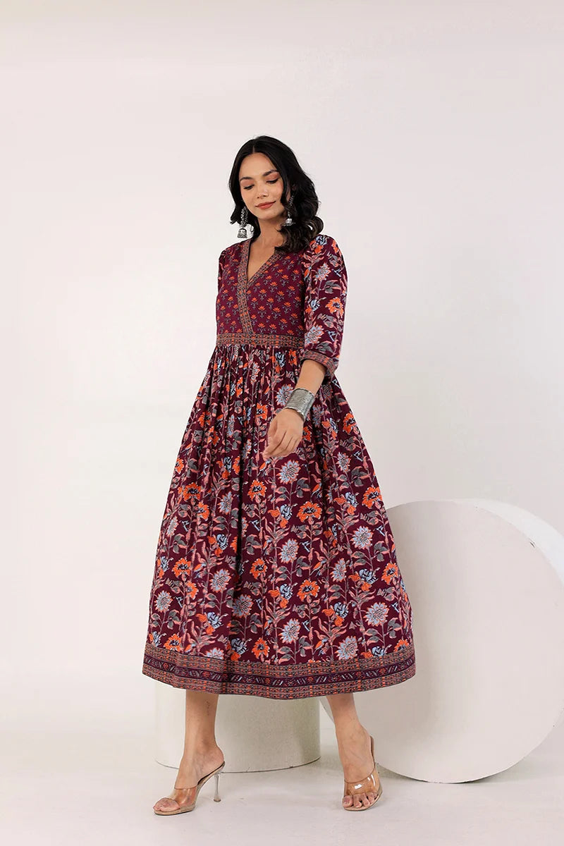 Dark Purple Hand Block Printed Long Dress