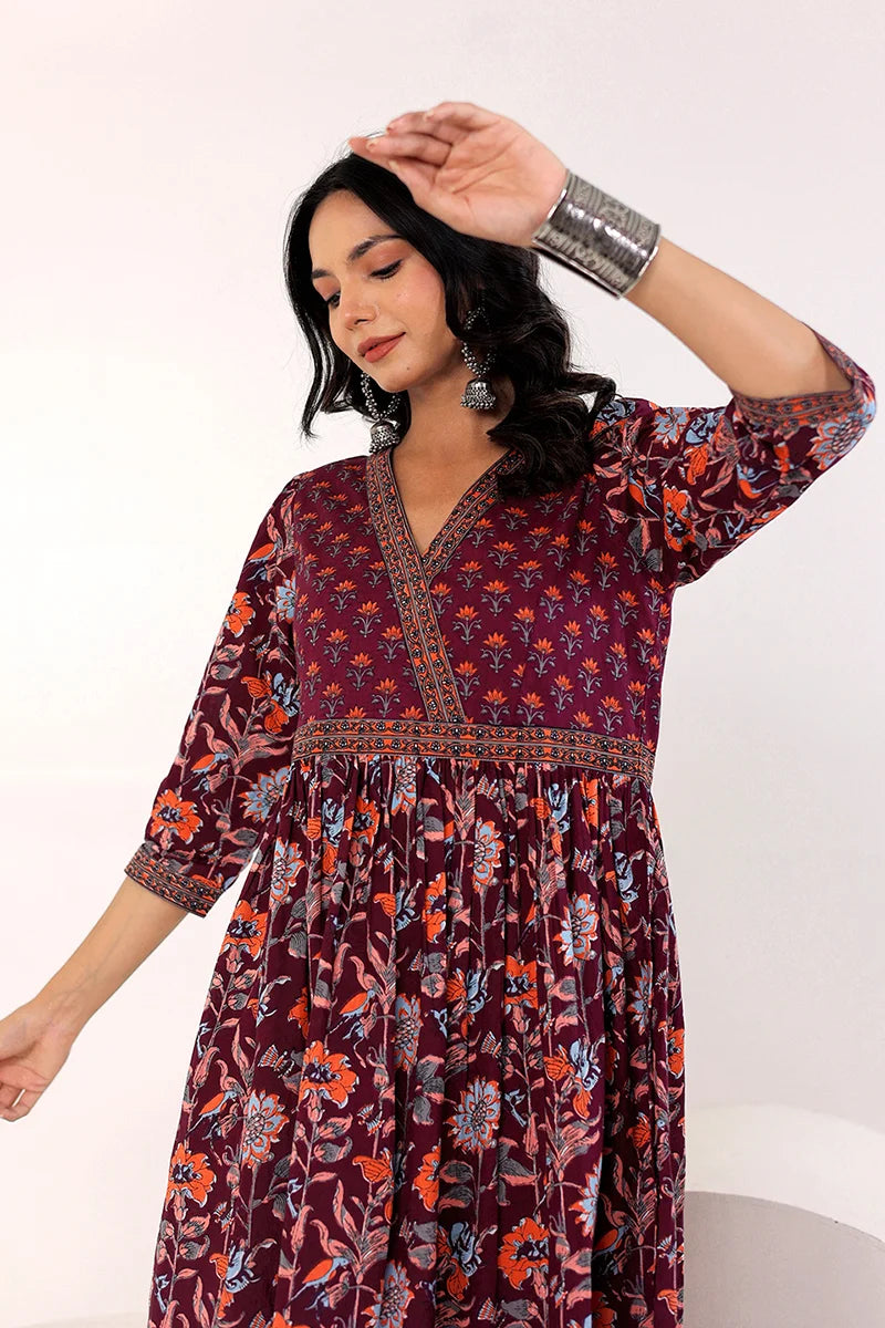 Dark Purple Hand Block Printed Long Dress