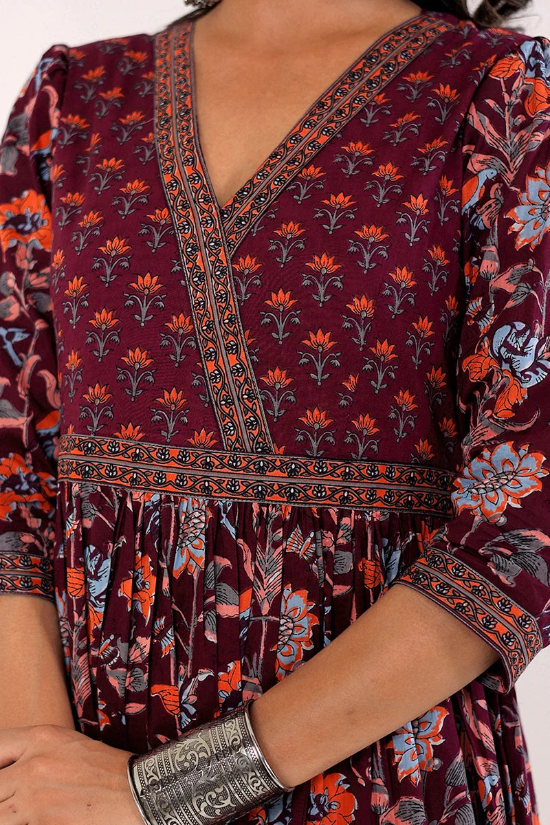 Dark Purple Hand Block Printed Long Dress
