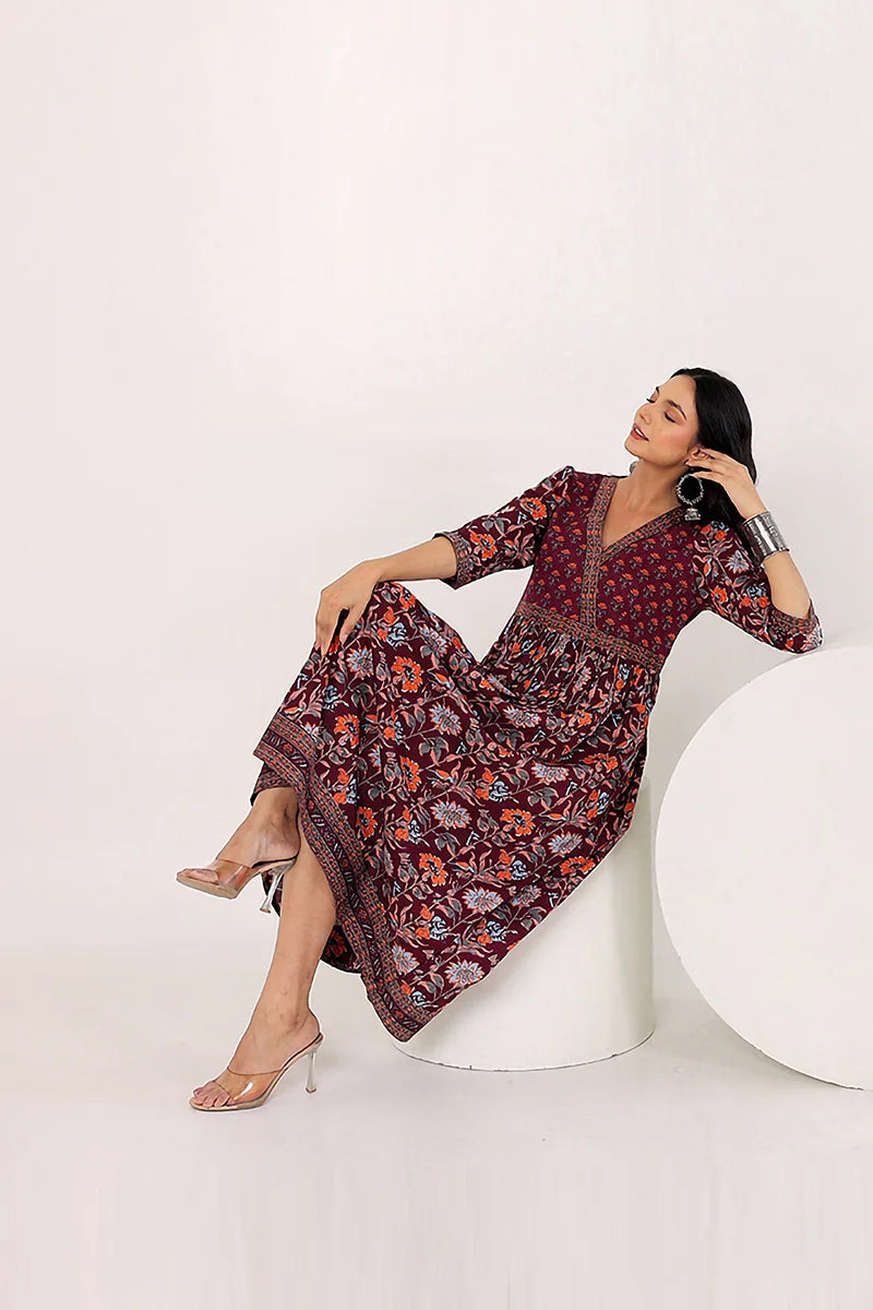 Dark Purple Hand Block Printed Long Dress