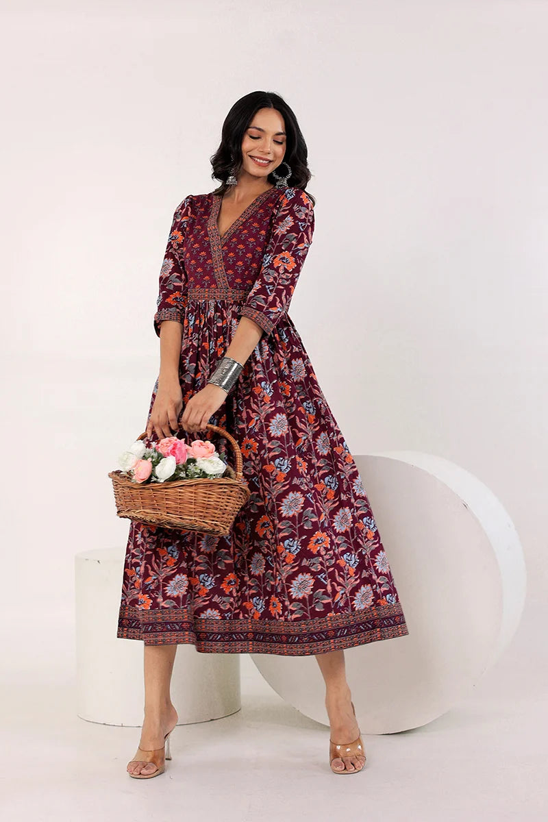 Dark Purple Hand Block Printed Long Dress