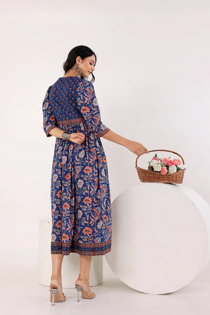 Dark Blue Hand Block Printed Long Dress