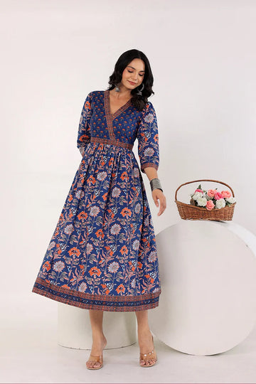 Dark Blue Hand Block Printed Long Dress