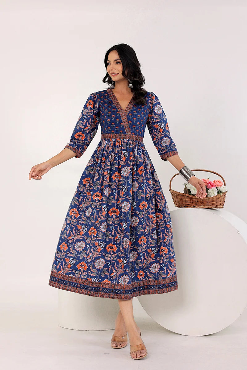 Dark Blue Hand Block Printed Long Dress