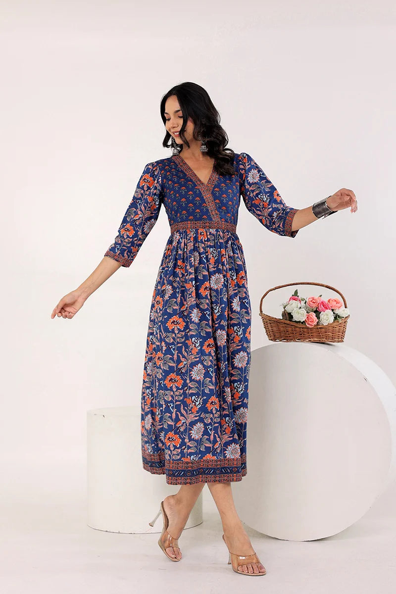 Dark Blue Hand Block Printed Long Dress