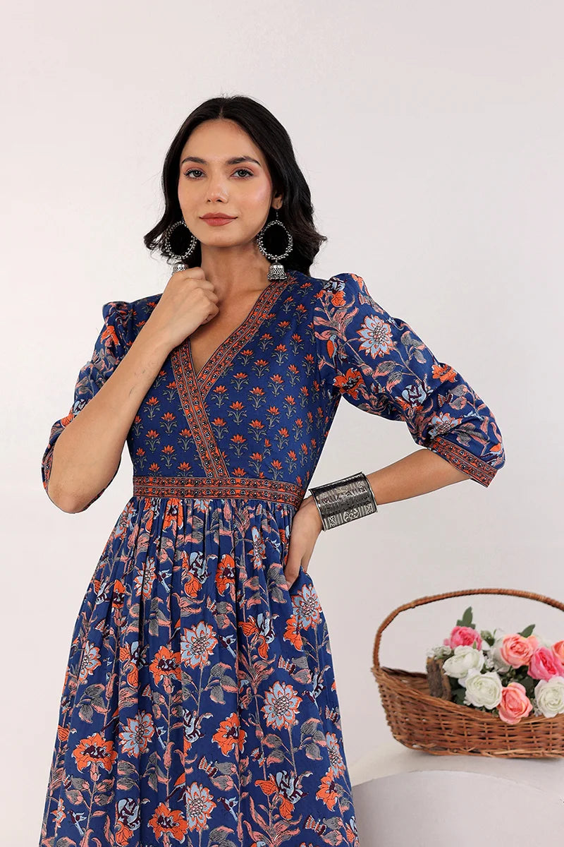 Dark Blue Hand Block Printed Long Dress